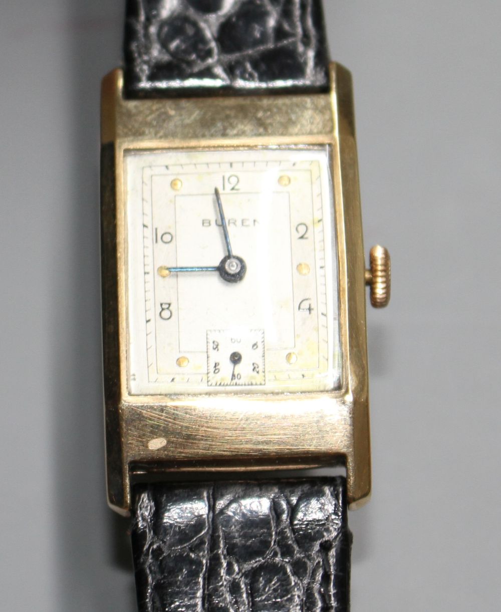 A gentlemans 1940s 9ct gold Buren manual wind wrist watch, with rectangular Arabic dial and subsidiary seconds,